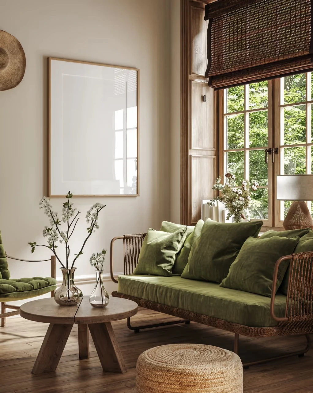 LUBA Immobilien UG – Immobilien – Gemütliches Wohnzimmer mit grünem Polstersofa und Sessel, rundem Couchtisch aus Holz mit Glasvasen mit weißen Blumen, großem Fenster mit braunen Jalousien und einem runden, geflochtenen Hocker auf Holzboden